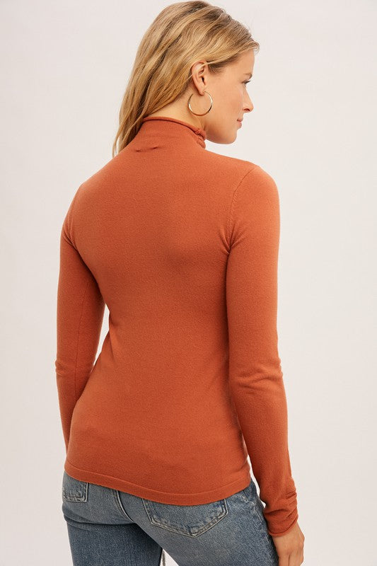 Shirring Mock Neck Fitted Sweater