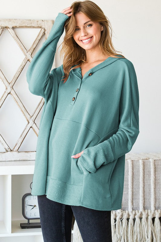 Hooded Solid Plus Top With Kangeroo Pocket