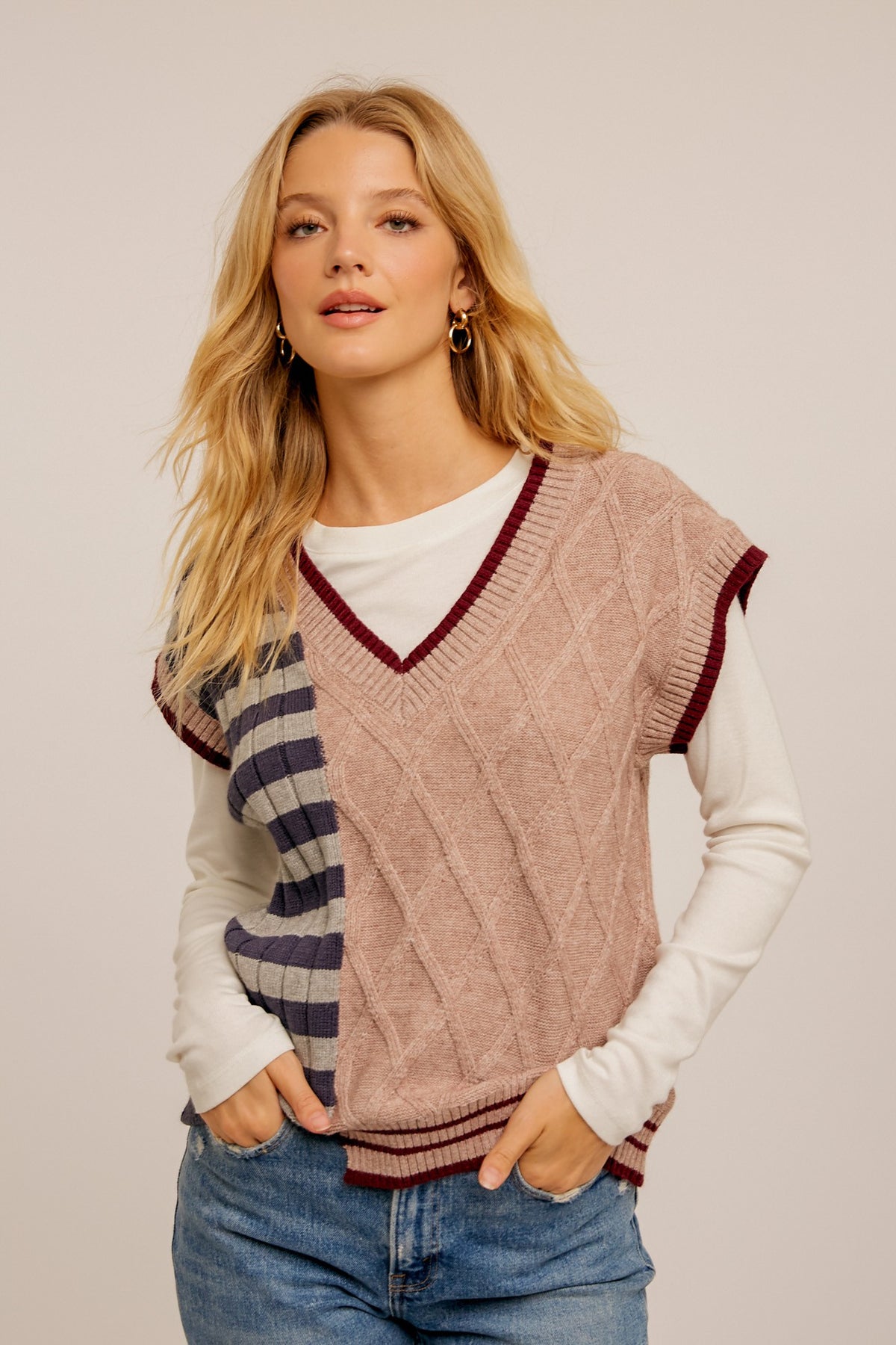Cable Stripe Mix Oversize V Neck Sweater Vest