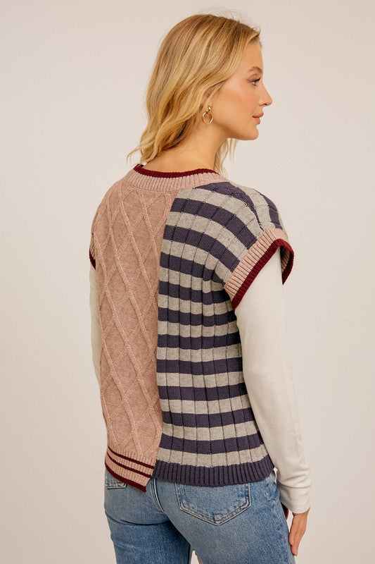 Cable Stripe Mix Oversize V Neck Sweater Vest