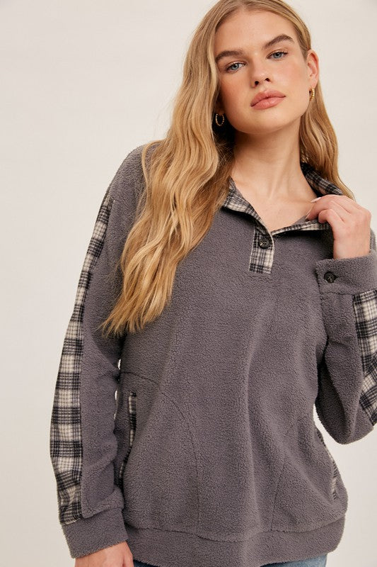 Check Detail Shearling Half Button Pullover Top