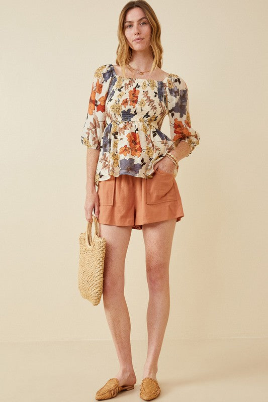 Textured Floral Smocked Square Neck Peplum