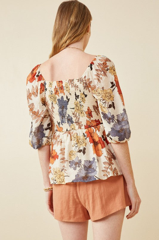 Textured Floral Smocked Square Neck Peplum