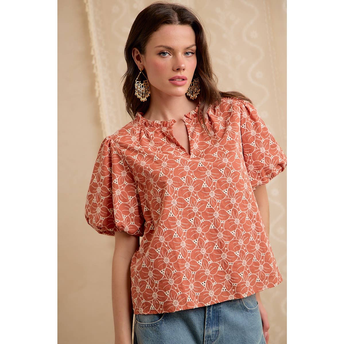 WOMEN RUST COTTON EYELET PUFF SLEEVE BLOUSE