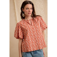 WOMEN RUST COTTON EYELET PUFF SLEEVE BLOUSE