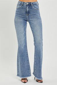 Risen High Rise Flare Frayed Hem Jeans