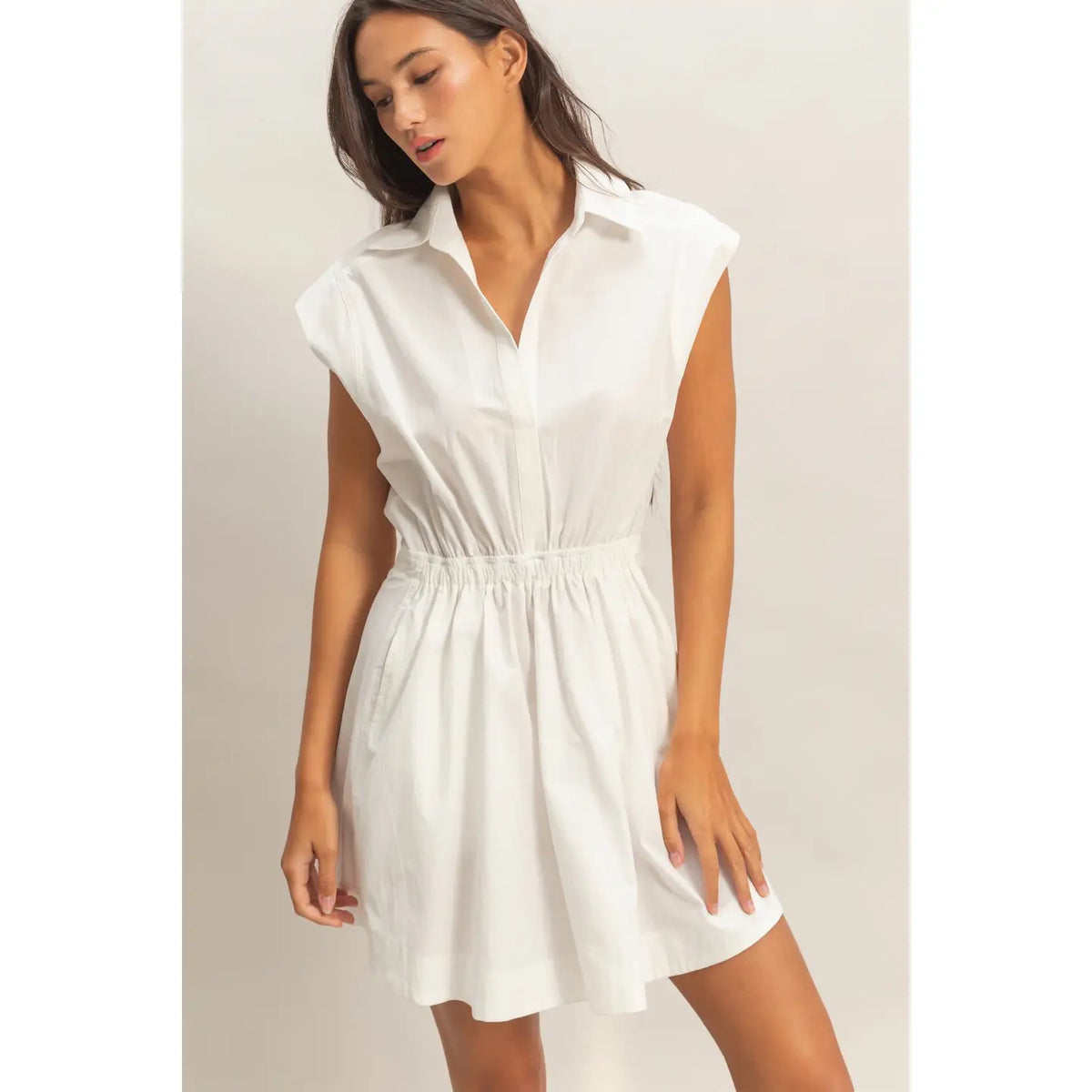 Sleeveless Collared Shirred Mini Dress