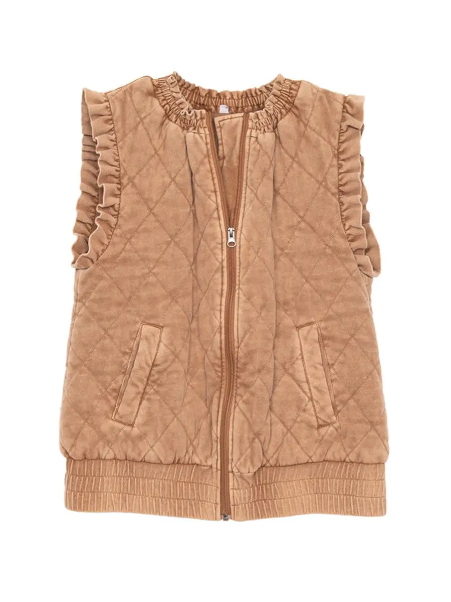 Garment Washed Quilted Ruffle Sleeve Vests