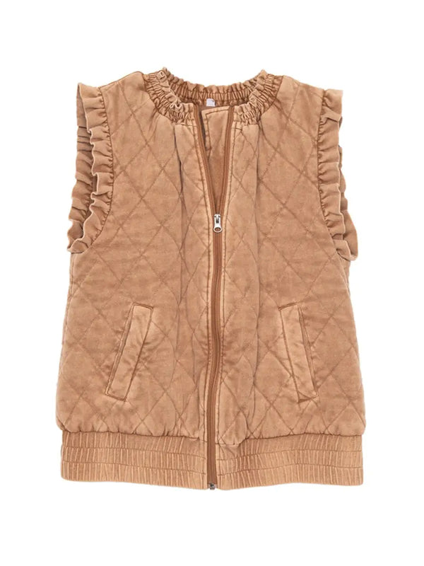 Garment Washed Quilted Ruffle Sleeve Vests