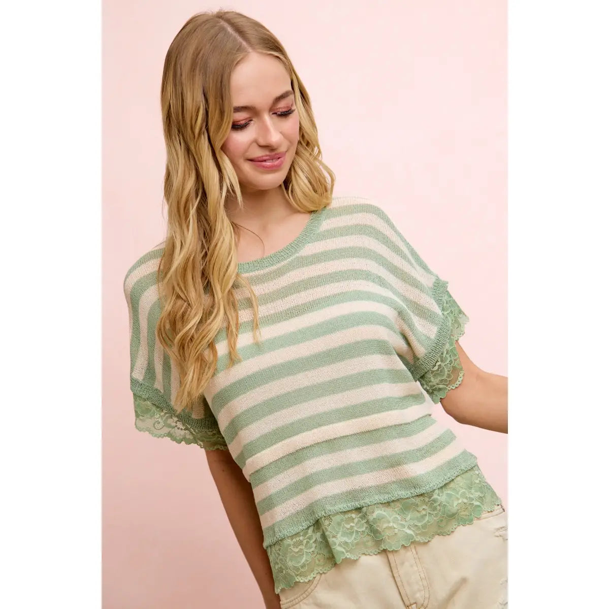 Striped Contrast Lace Detail Lightweight Knit Top