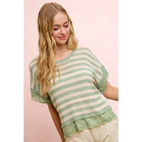 Striped Contrast Lace Detail Lightweight Knit Top