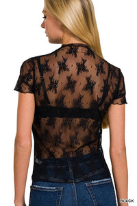 Short Sleeve Lace See Through Layer Top