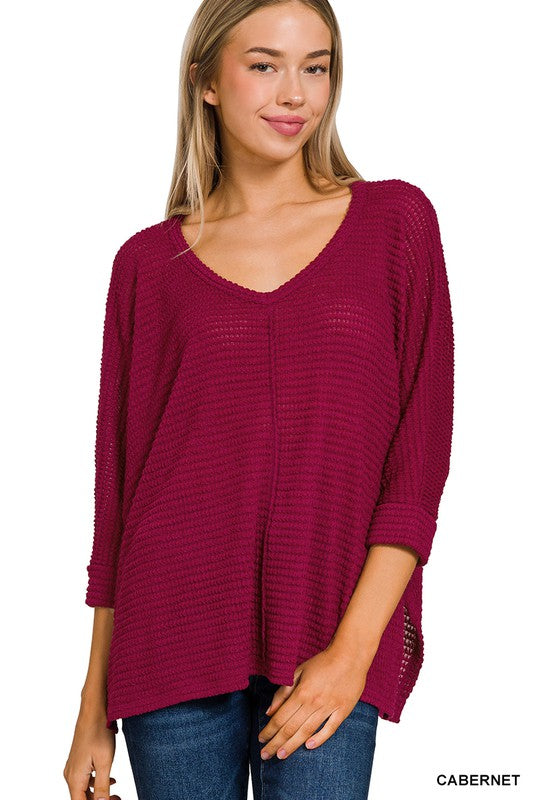 3/4 V-Neck Hi Low Jaquard Sweater