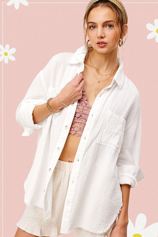 Soft Washed Crinkled Gauze Button Down