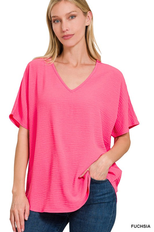 Woven Airflow V-Neck Short Sleeve Top