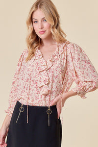 Long Sleeve V-Neck Woven Ruffle Blouse