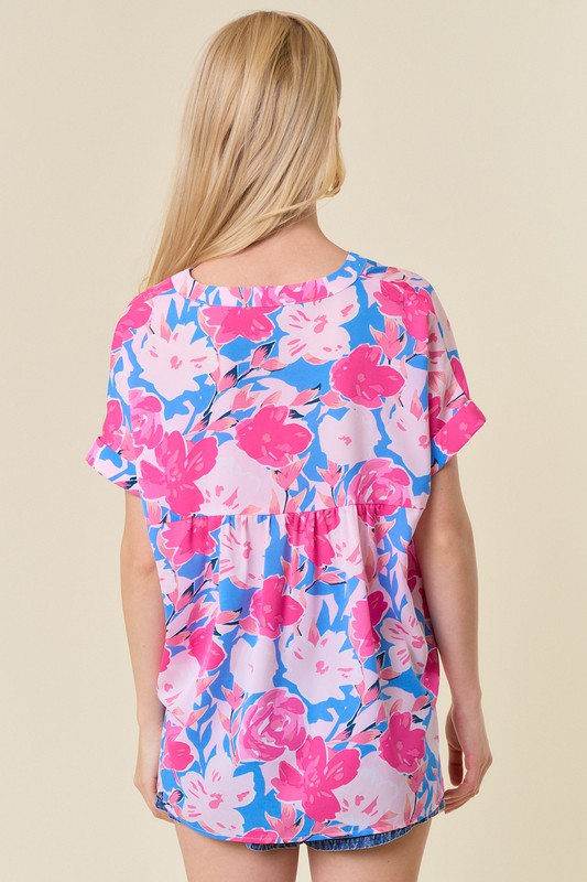 Floral Printed Split V-Neck Top