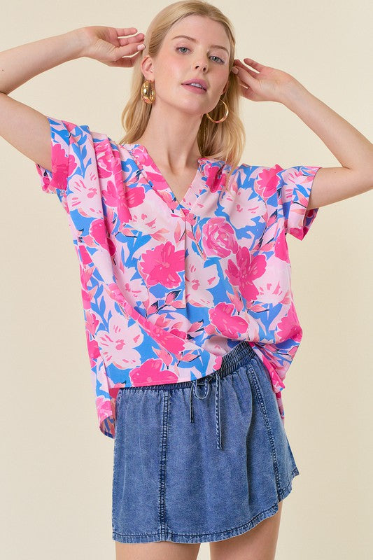 Floral Printed Split V-Neck Top