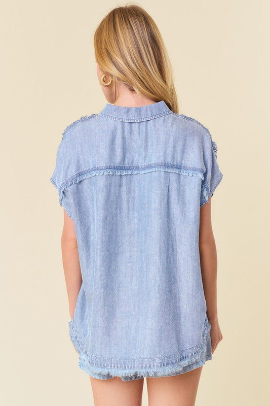 Tencil Denim Fray Detailed Dolman Short Sleeve