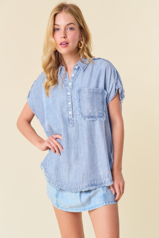 Tencil Denim Fray Detailed Dolman Short Sleeve