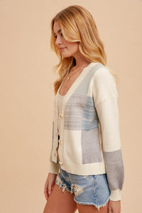 Color Block Textured Button Down Sweater Cardigan