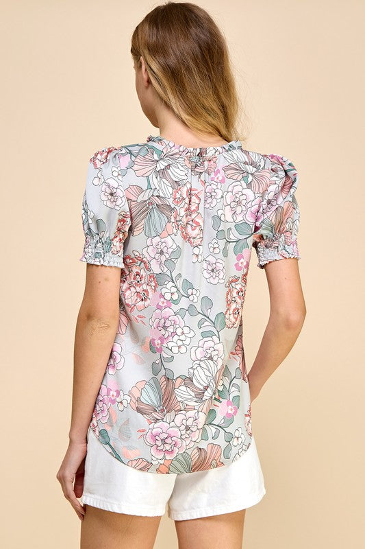 Floral Printed Smock Sleeve V-Neck