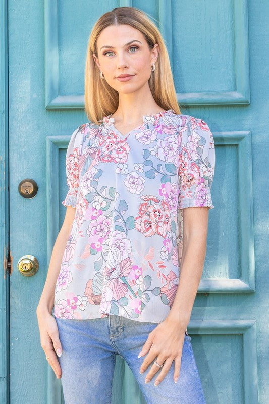 Floral Printed Smock Sleeve V-Neck