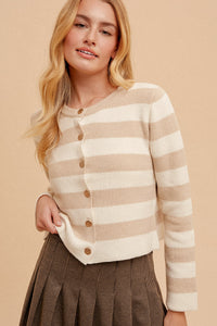 Crew Neck Button Down Stripe Cardigan