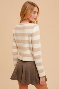 Crew Neck Button Down Stripe Cardigan