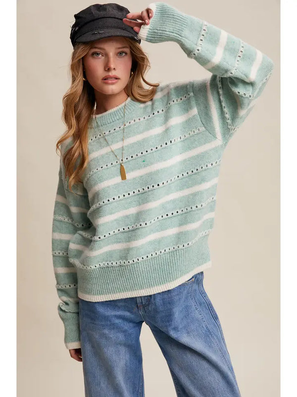 Striped Open-Stitch Pullover Sweater