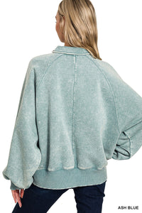 Acid Wash Fleece Button Up Collared Pullover
