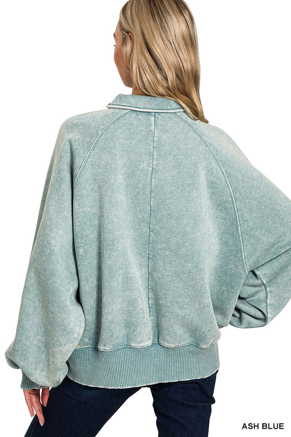 Acid Wash Fleece Button Up Collared Pullover