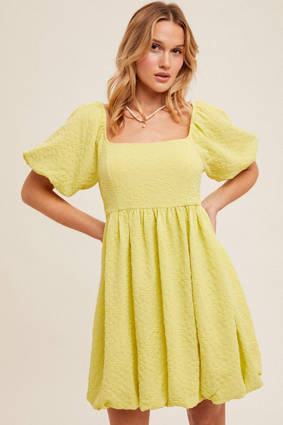 Bubble Sleeve Textured Babydoll Dress