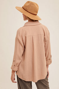 Crinkle Gauze Button Down Roll Tab Sleeve Shirt