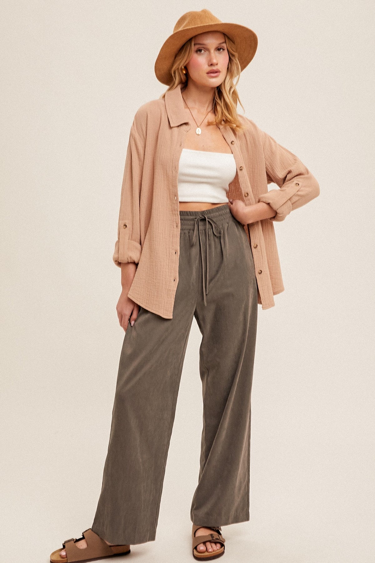 Crinkle Gauze Button Down Roll Tab Sleeve Shirt