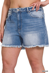 Zenana Mid Rise Raw Hem Plus Denim Shorts