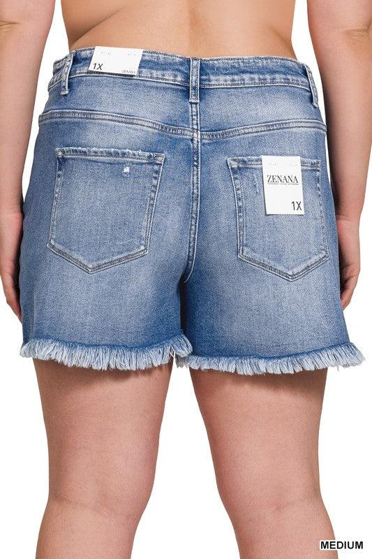 Zenana Mid Rise Raw Hem Plus Denim Shorts