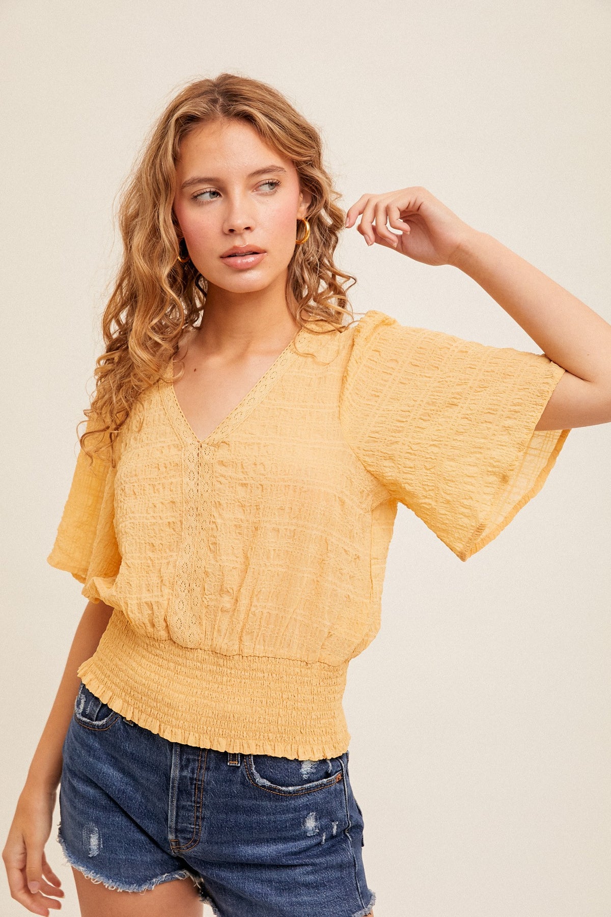 Crochet Flutter Tie Back Smocked Waist Top