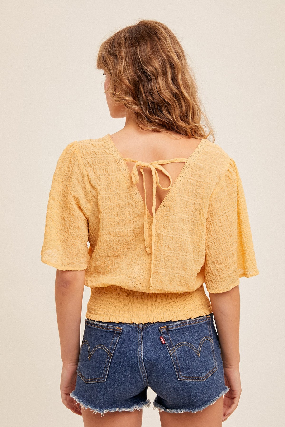 Crochet Flutter Tie Back Smocked Waist Top