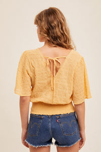 Crochet Flutter Tie Back Smocked Waist Top