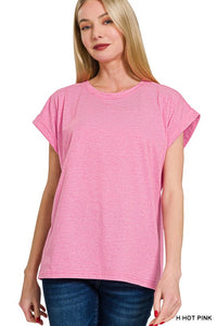 Short Sleeve Round Neck Folded Sleeve T-Shirt