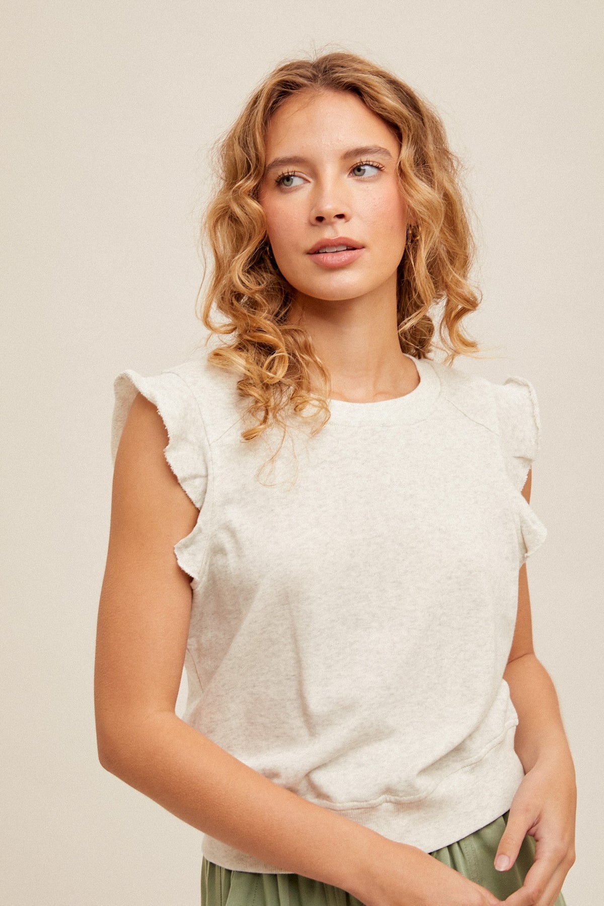 Round Neck Ruffle Sleeves Terry Tank Top