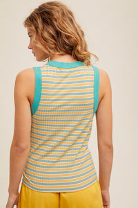 Round Neck Ribbed Multi Color Striped Tank Top