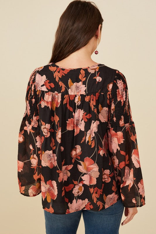 Textured Floral Smocked Tie Front Top