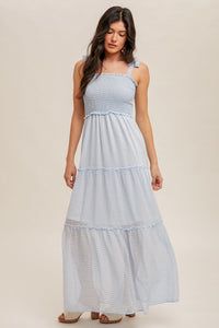 Tie Shoulder Smock Tiered Check Chiffon Dress