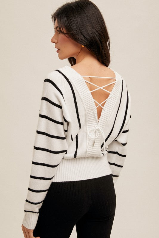 Stripe Dolman Sleeve Back Lave Sweater Top