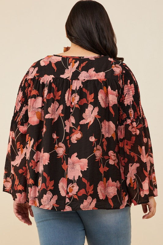Textured Floral Smocked Tie Front Plus Top