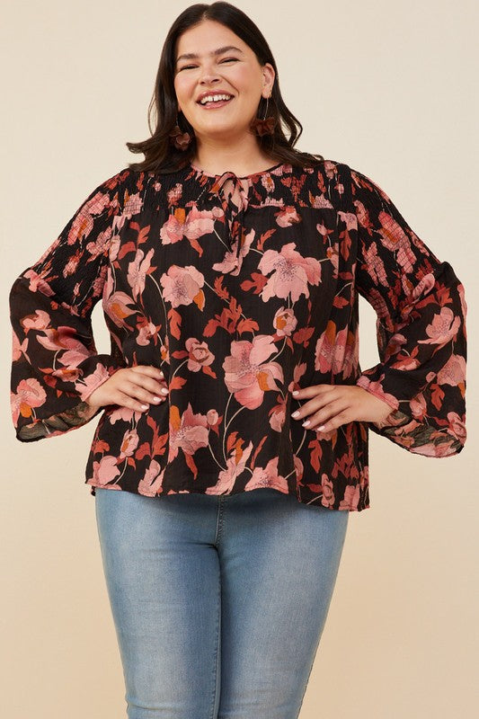 Textured Floral Smocked Tie Front Plus Top