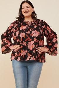 Textured Floral Smocked Tie Front Plus Top
