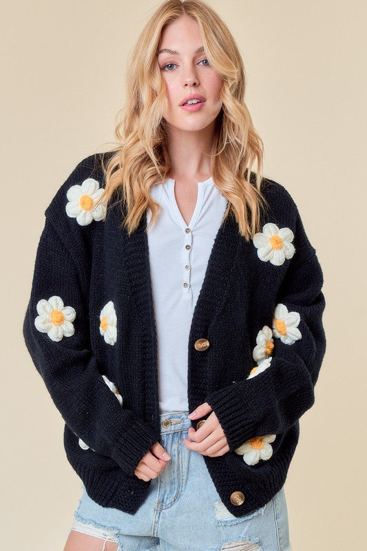 Drop Shoulder Flower Cardigan